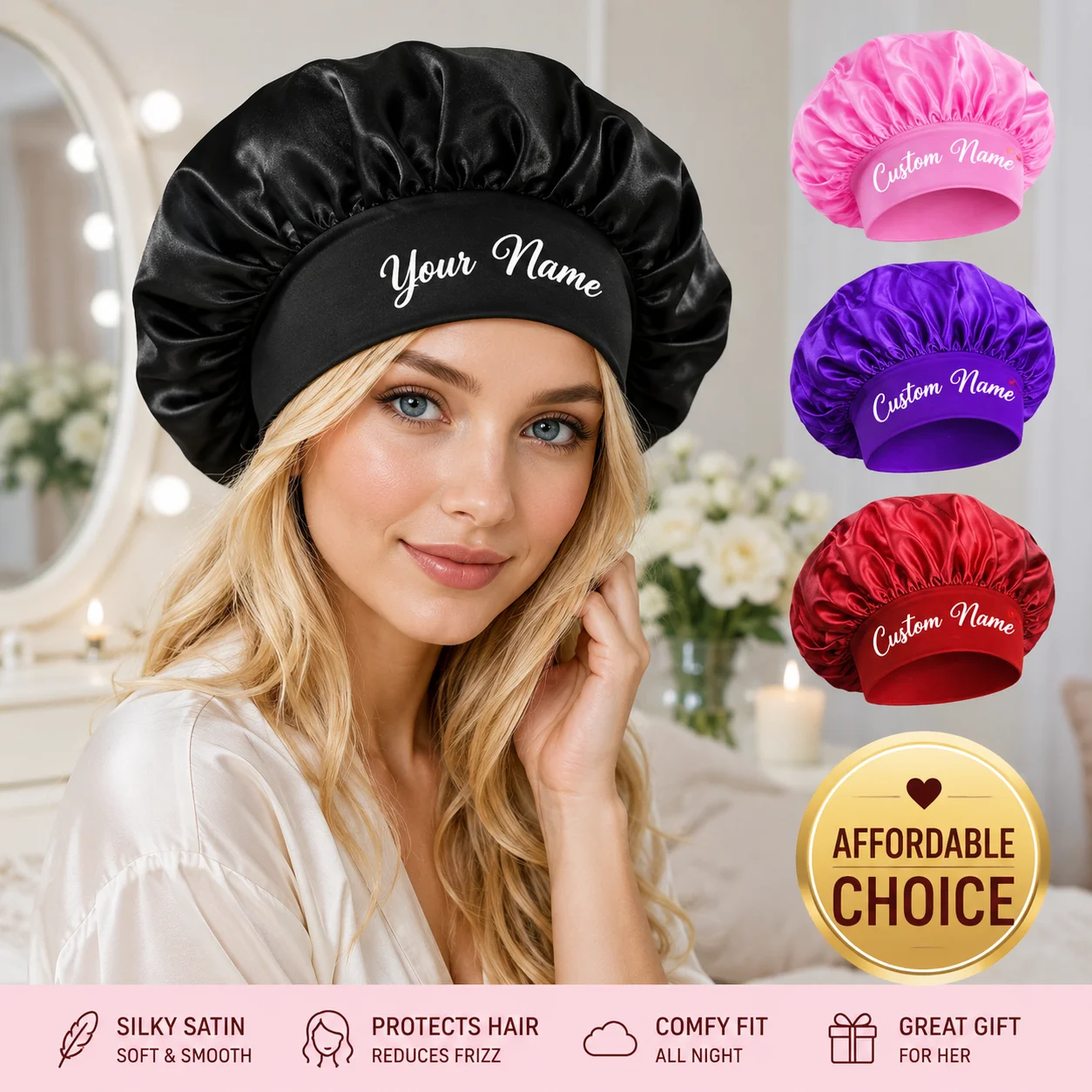 Hair Care Names - Personalized Satin Sleep Cap for Women,